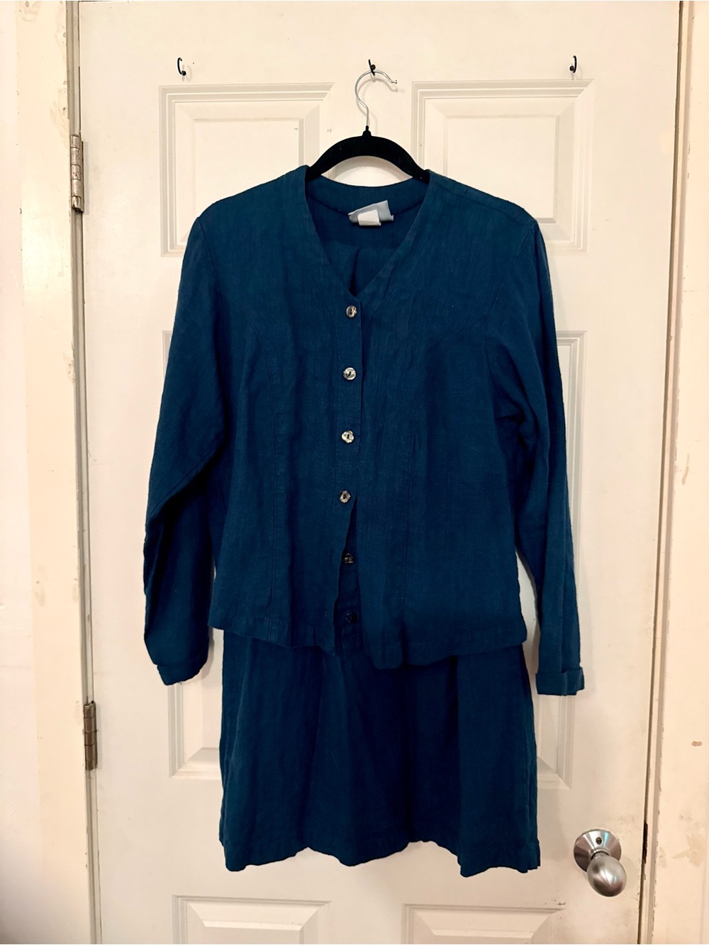 Vintage Mishi Teal Women's Button-Front Linen Jacket and Skirt Set